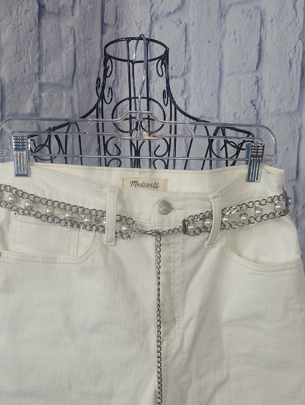 41 in. Silver Chain Belt Faux Pearls‎ Dangle Adjustable Waist Hip Boho Belt